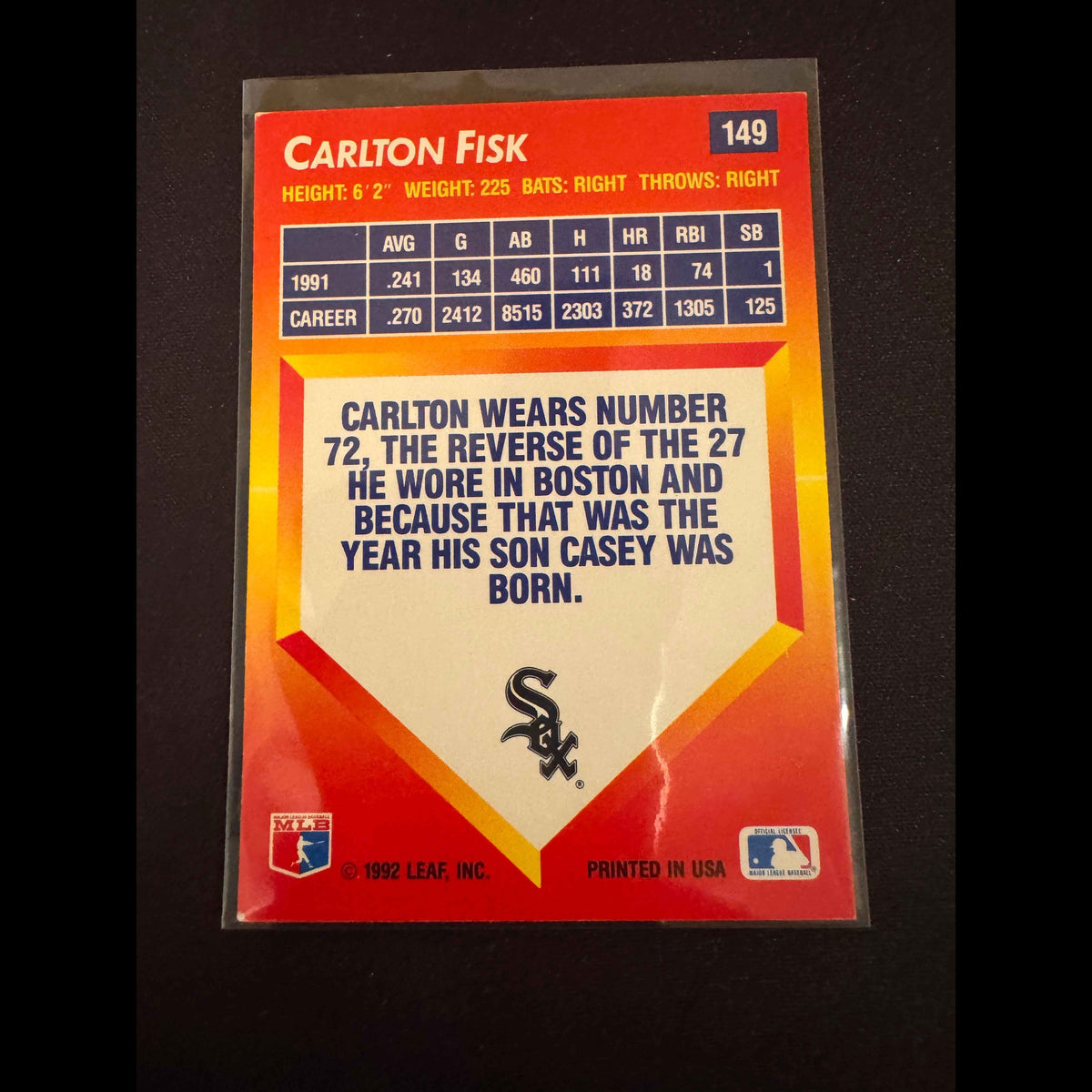 1992 Donruss Triple Play #149 Carlton Fisk Card - back