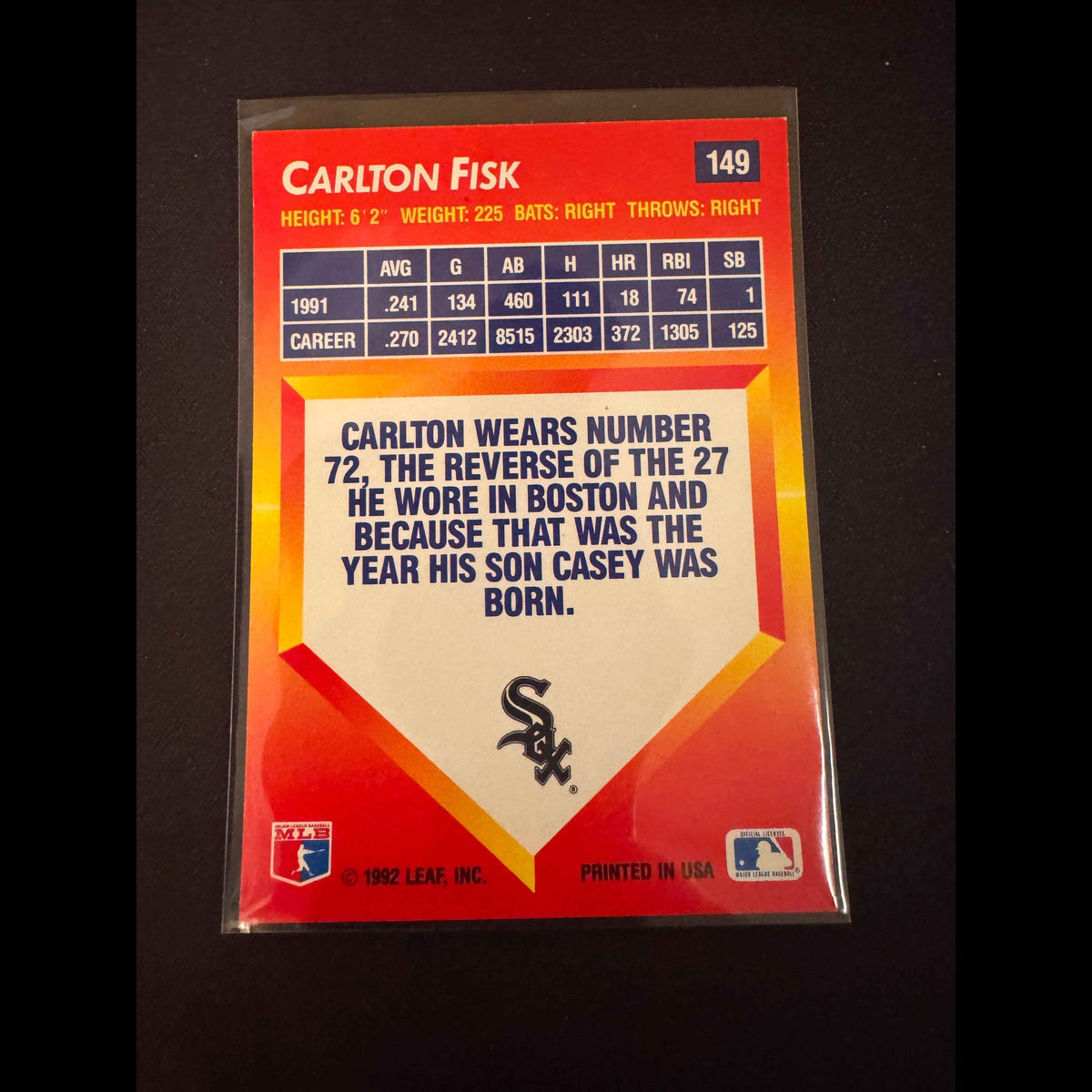 1992 Donruss Triple Play #149 Carlton Fisk Card - view 4