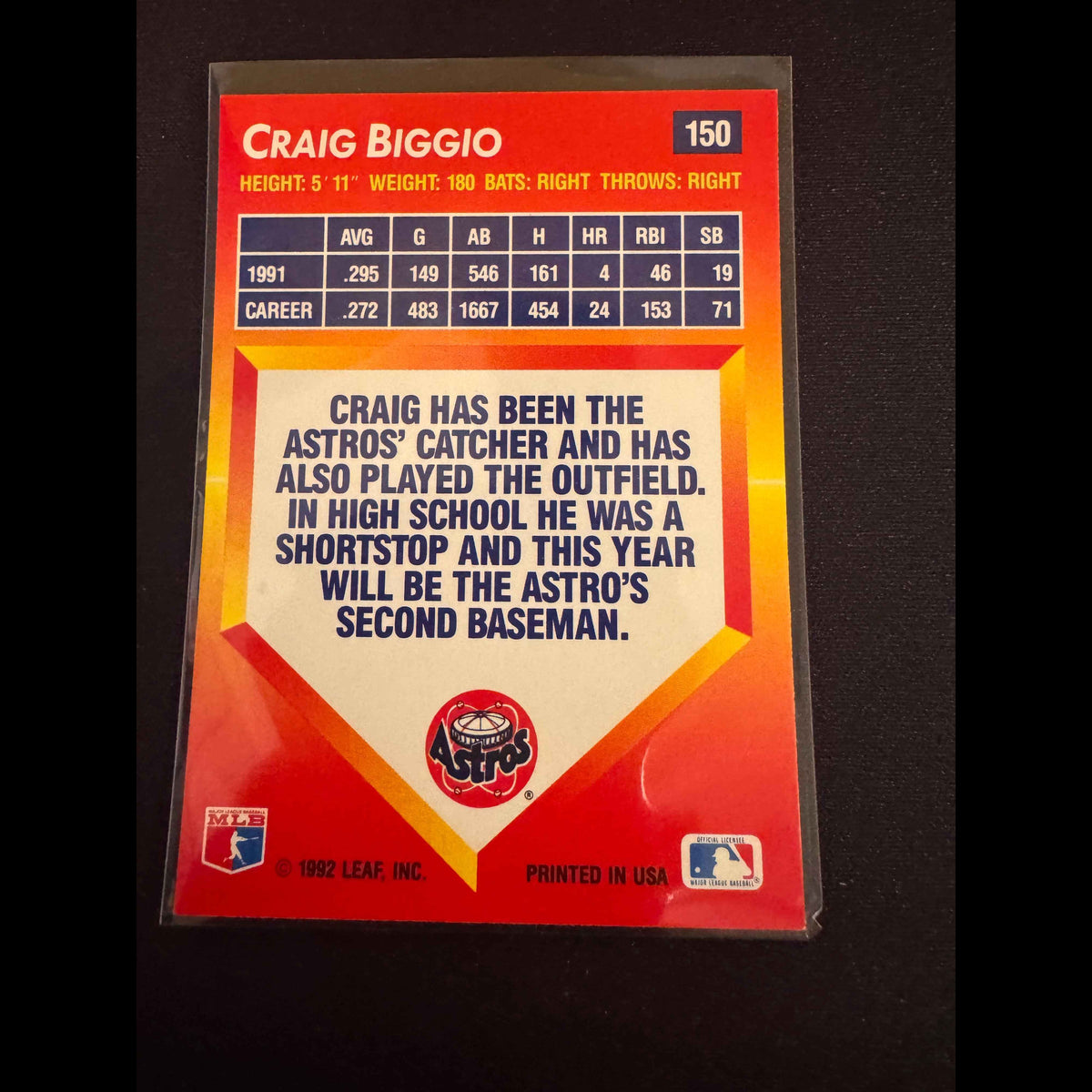 1992 Donruss Triple Play #150 Craig Biggio Card - back