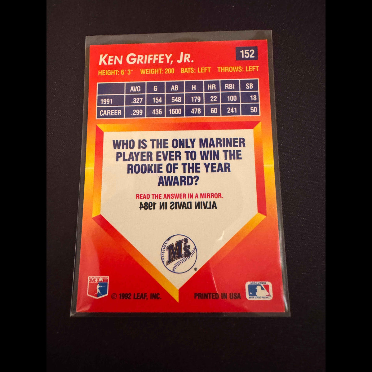 1992 Donruss Triple Play #152 Ken Griffey Jr. Card - back