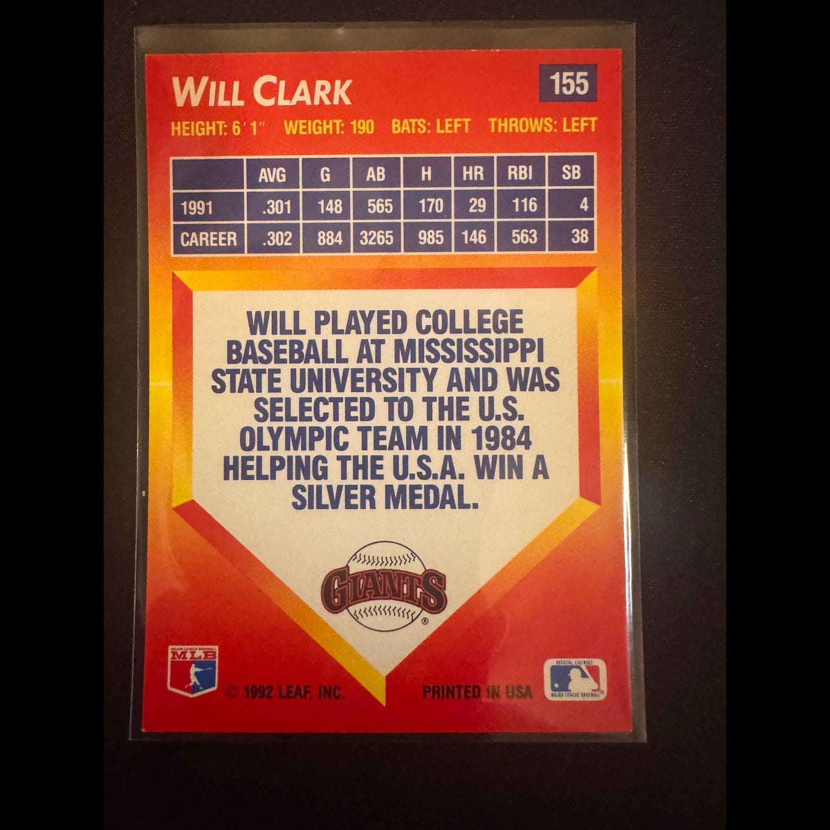 1992 Donruss Triple Play #155 Will Clark Card - back