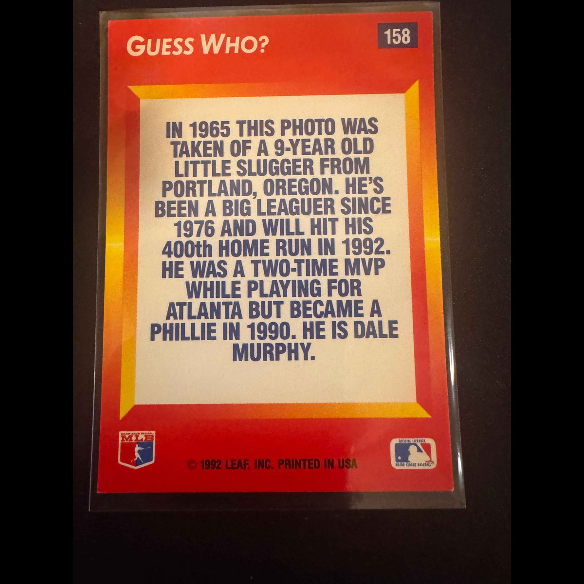 1992 Donruss Triple Play #158 Dale Murphy Little Hotshots Card - back