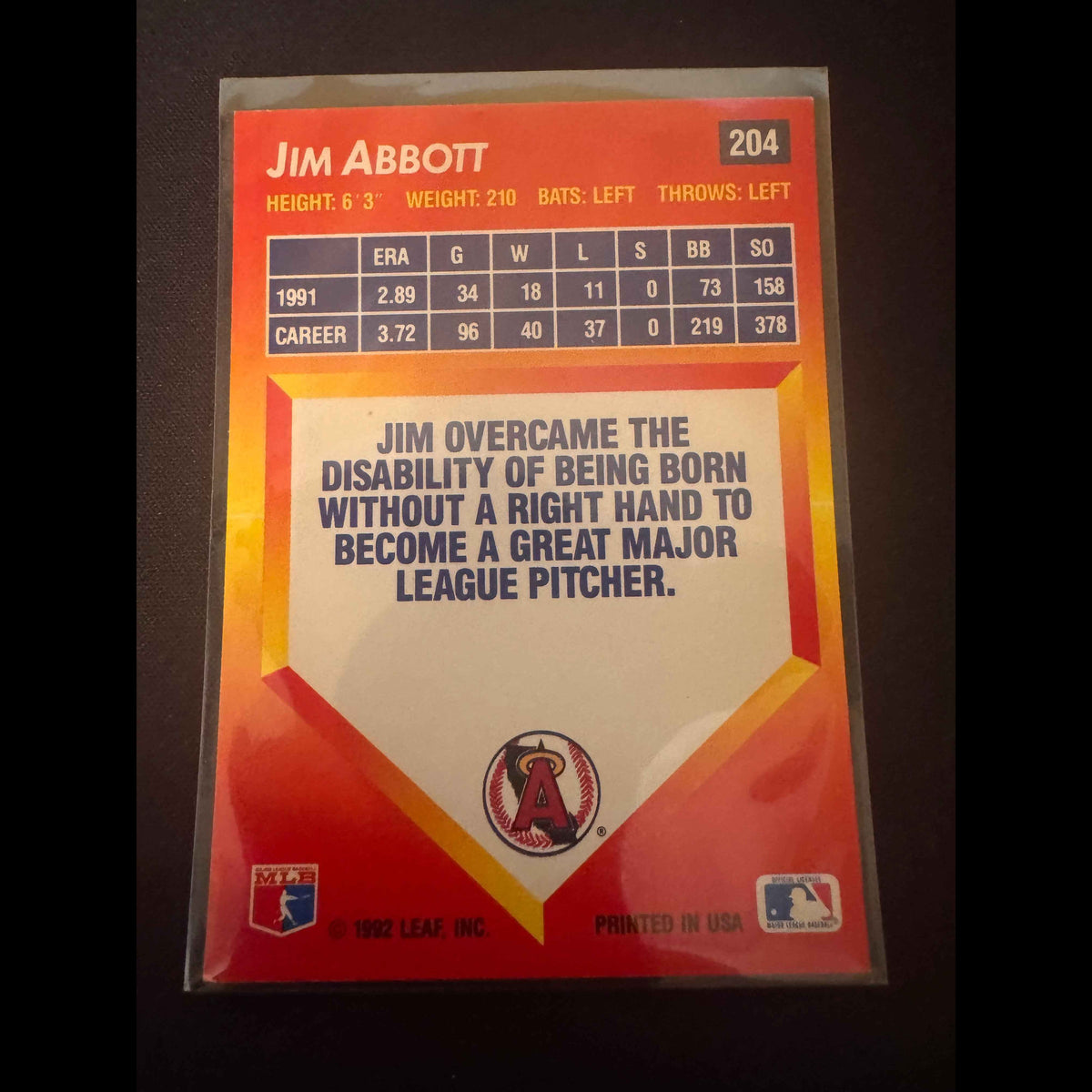 1992 Donruss Triple Play #204 Jim Abbott Card - view 4