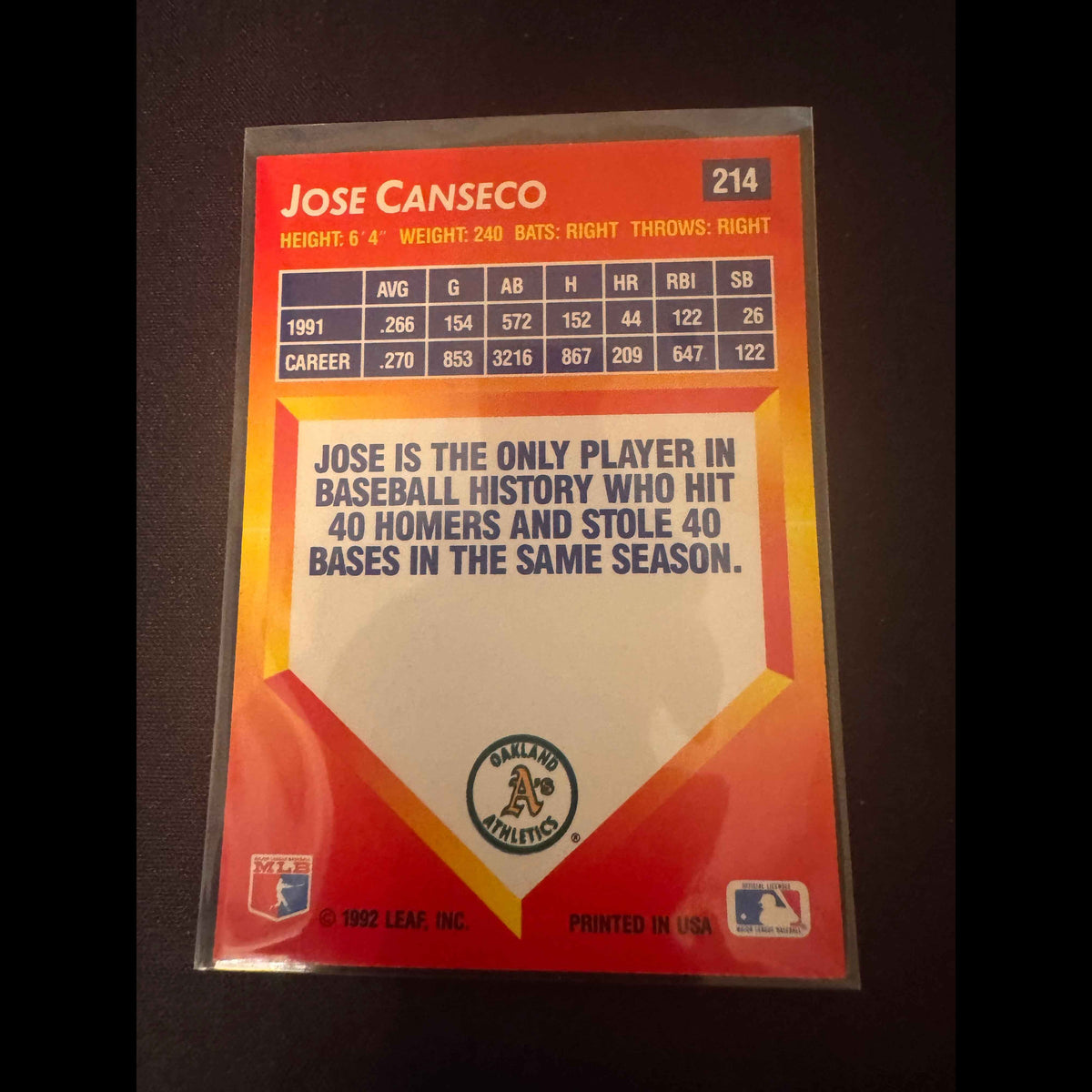 1992 Donruss Triple Play #214 Jose Canseco Card - back