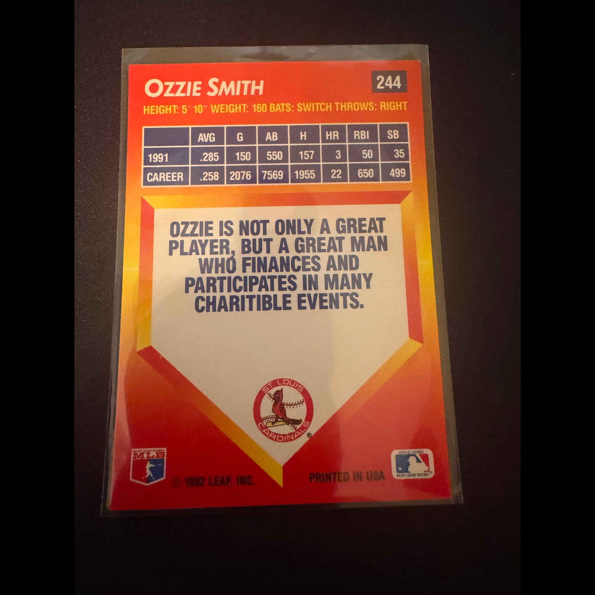 1992 Donruss Triple Play #244 Ozzie Smith Card - back