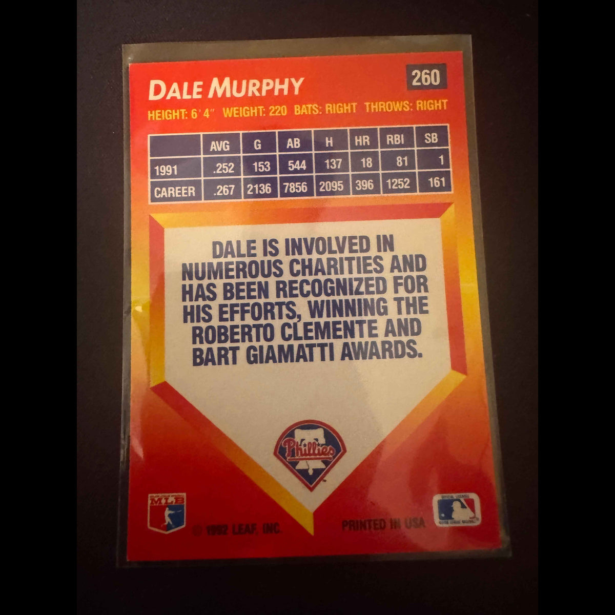 1992 Donruss Triple Play #260 Dale Murphy Card - back