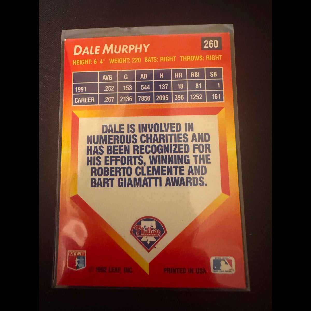 1992 Donruss Triple Play #260 Dale Murphy Card - view 4