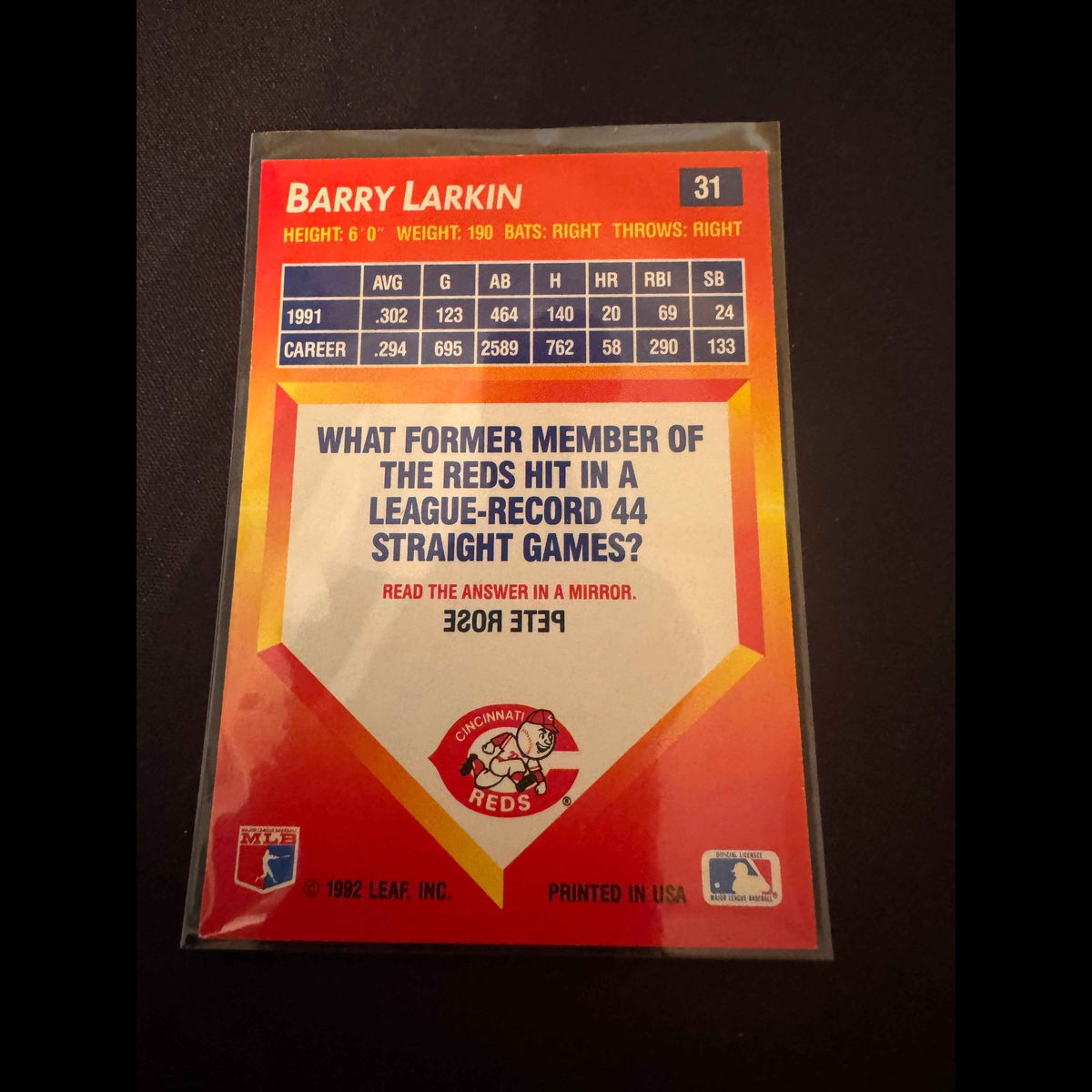 1992 Donruss Triple Play #31 Barry Larkin Card - back