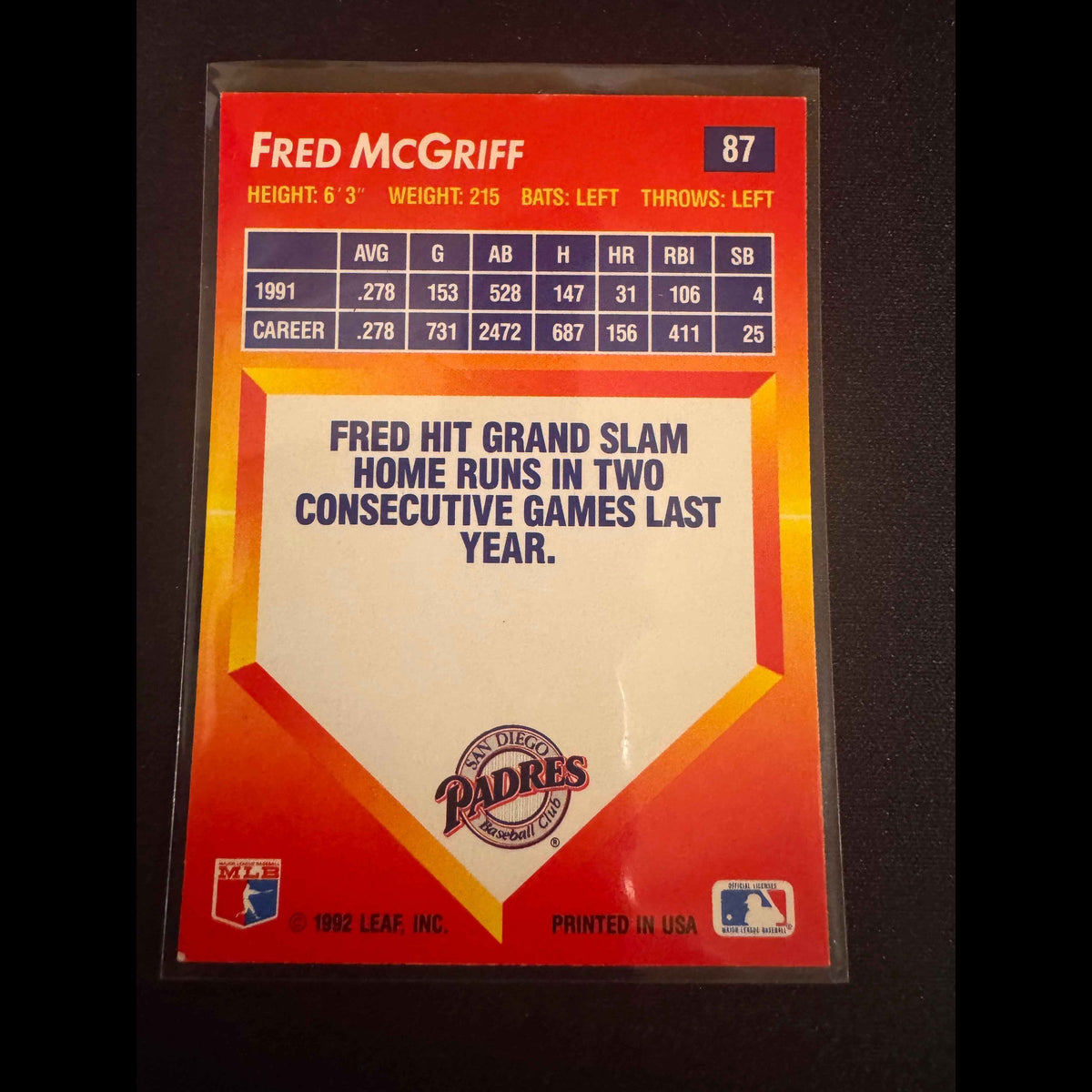 1992 Donruss Triple Play #87 Fred McGriff Card - back