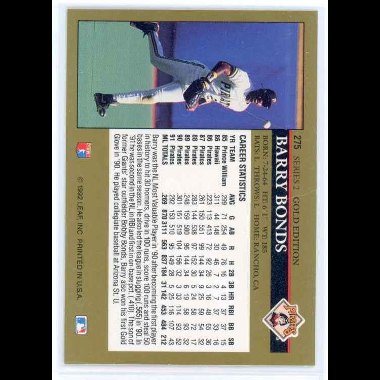 1992 Leaf Black Gold #275 Barry Bonds Card - back