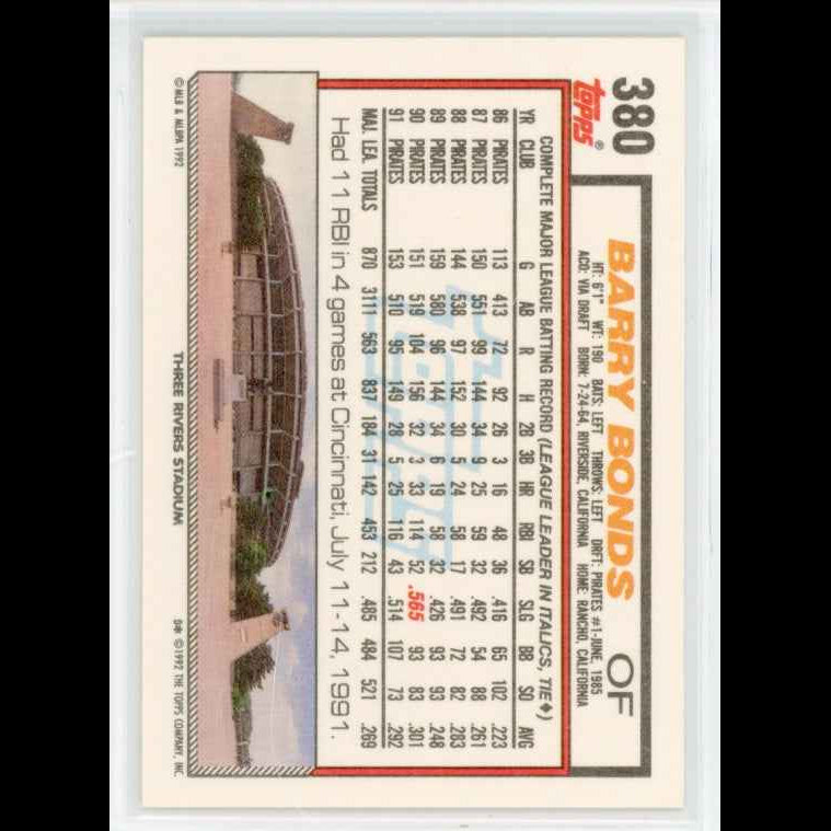 1992 Topps #380 Barry Bonds Card - back