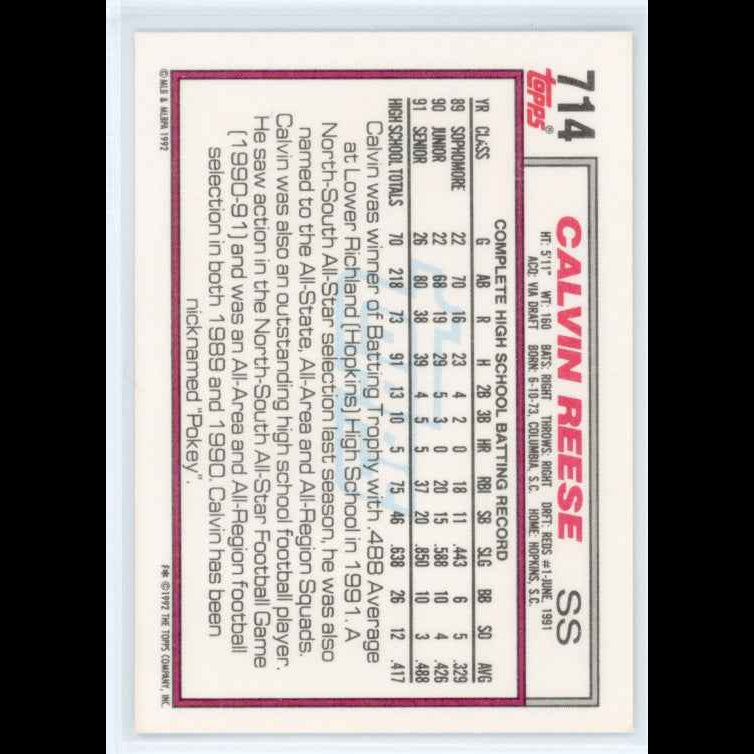 1992 Topps #714 Calvin Reese RC Card - back