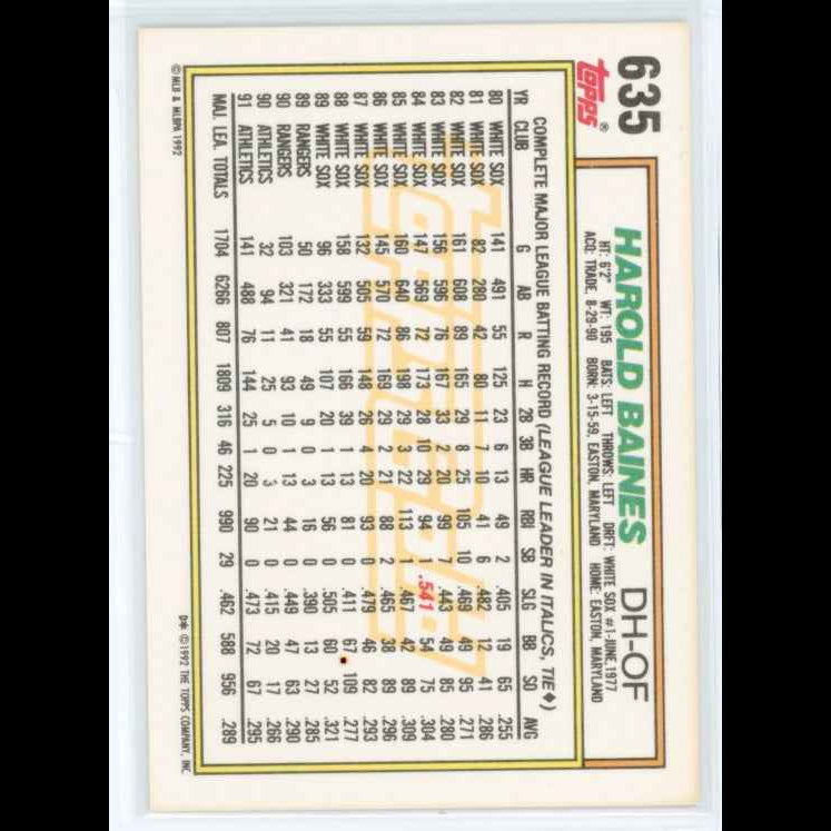 1992 Topps Gold #635 Harold Baines Card - back