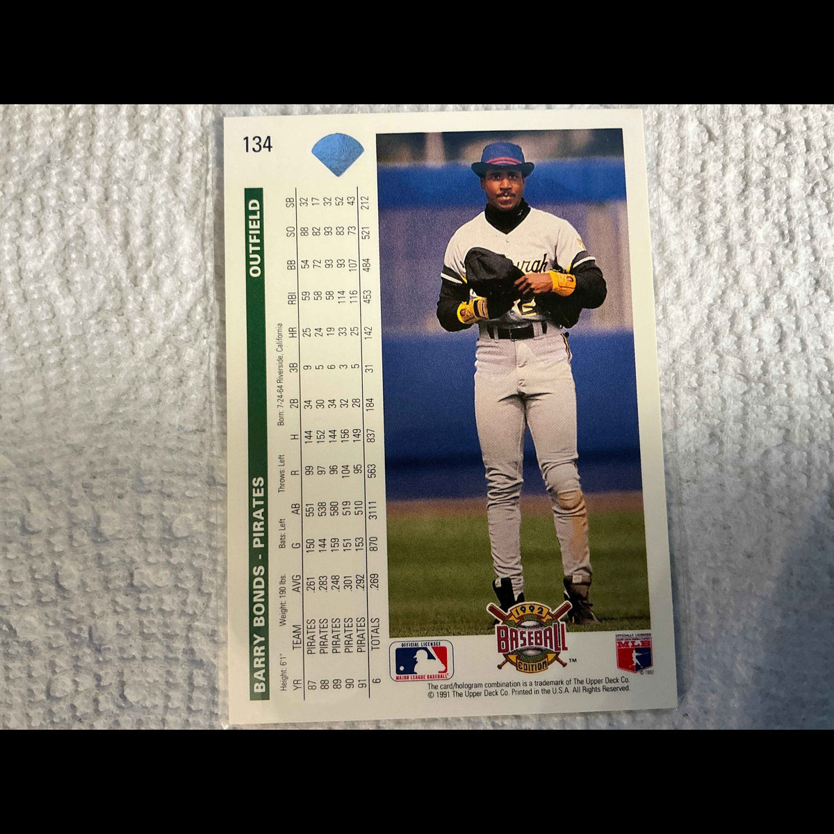 1992 Upper Deck #134 Barry Bonds Card - back