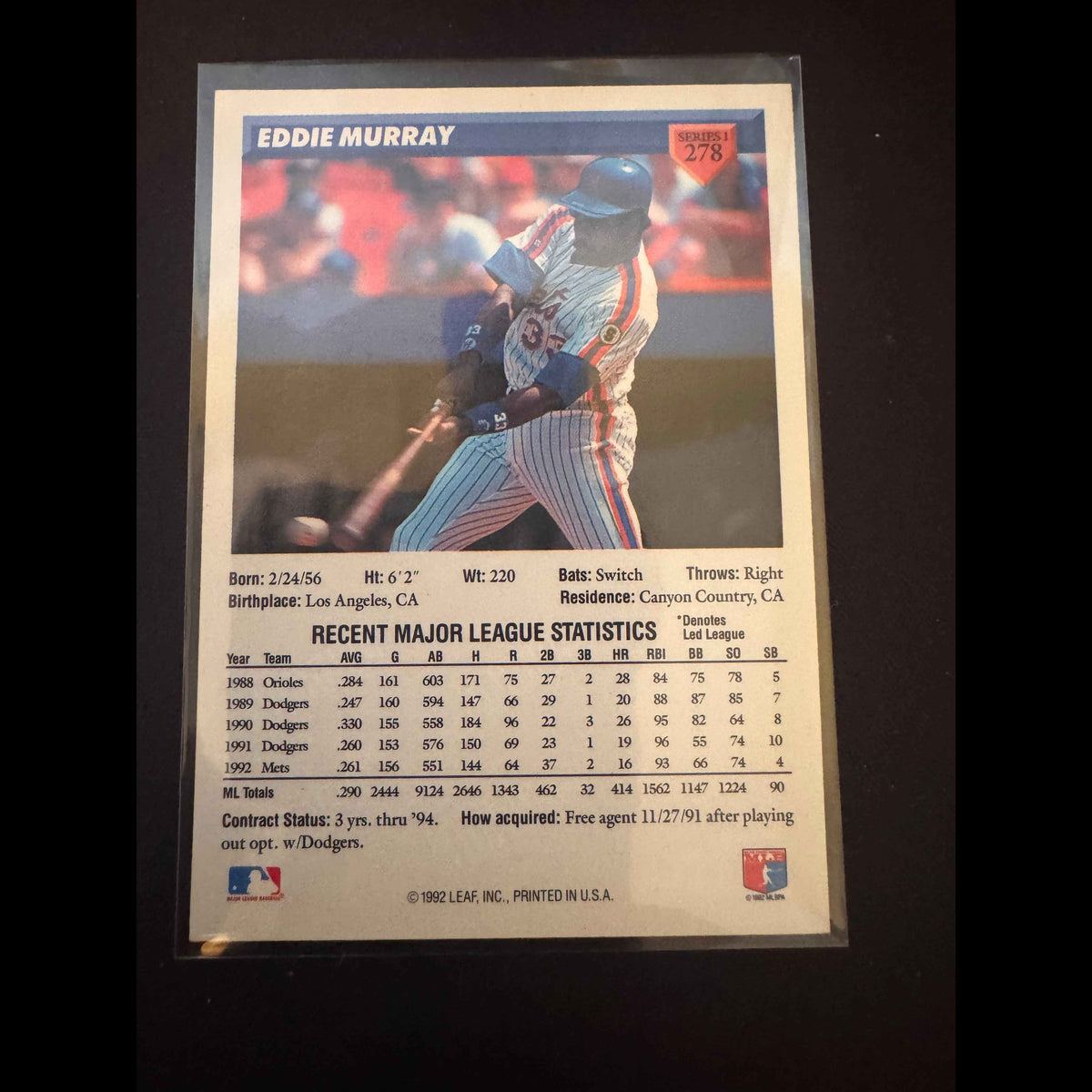 1993 Donruss #278 Eddie Murray Card - back