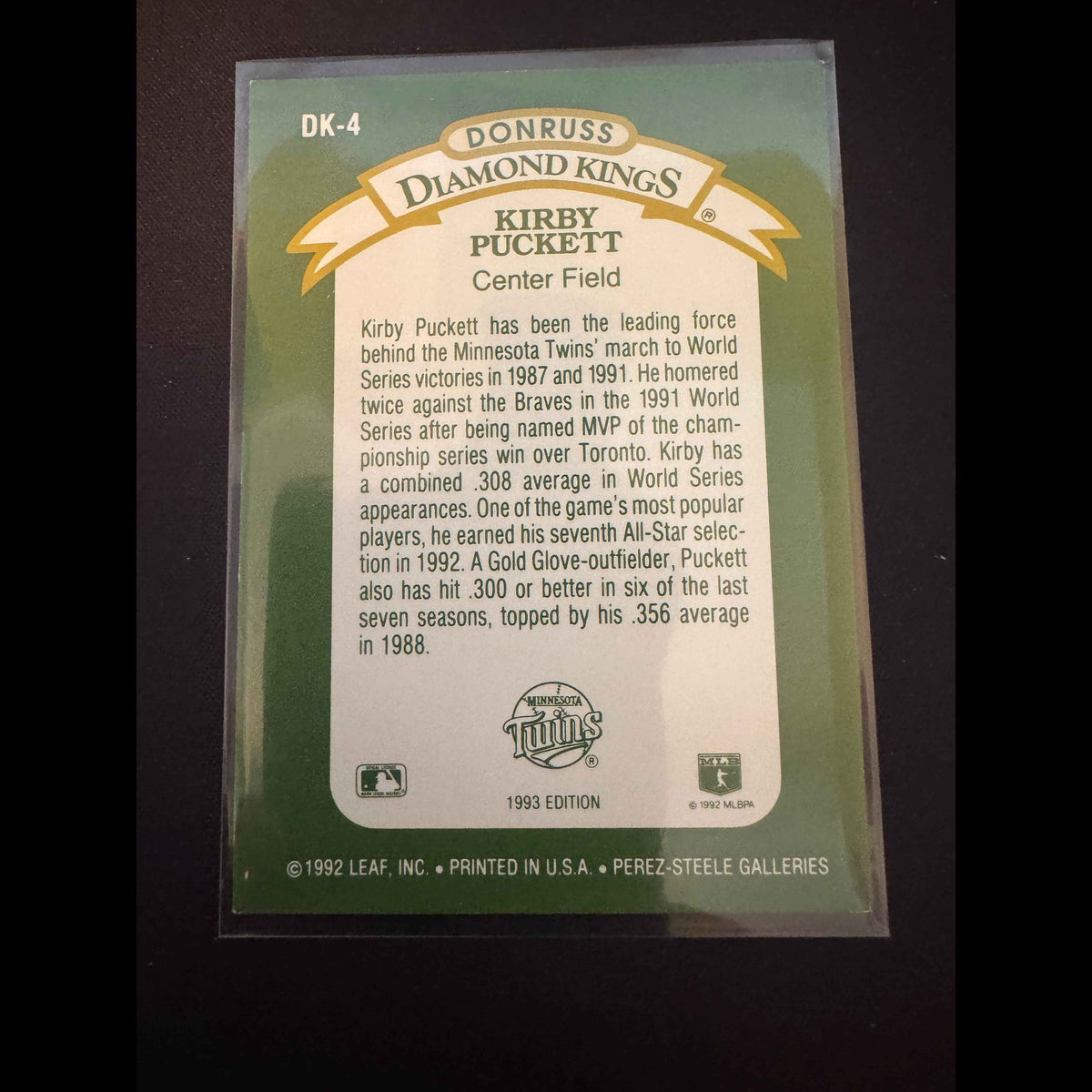 1993 Donruss #DK-4 Kirby Puckett DK Card - back