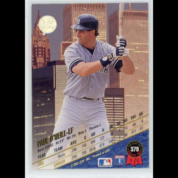 1993 The Leaf Set #379 Paul O'Neill Baseball Card for Collectors - back