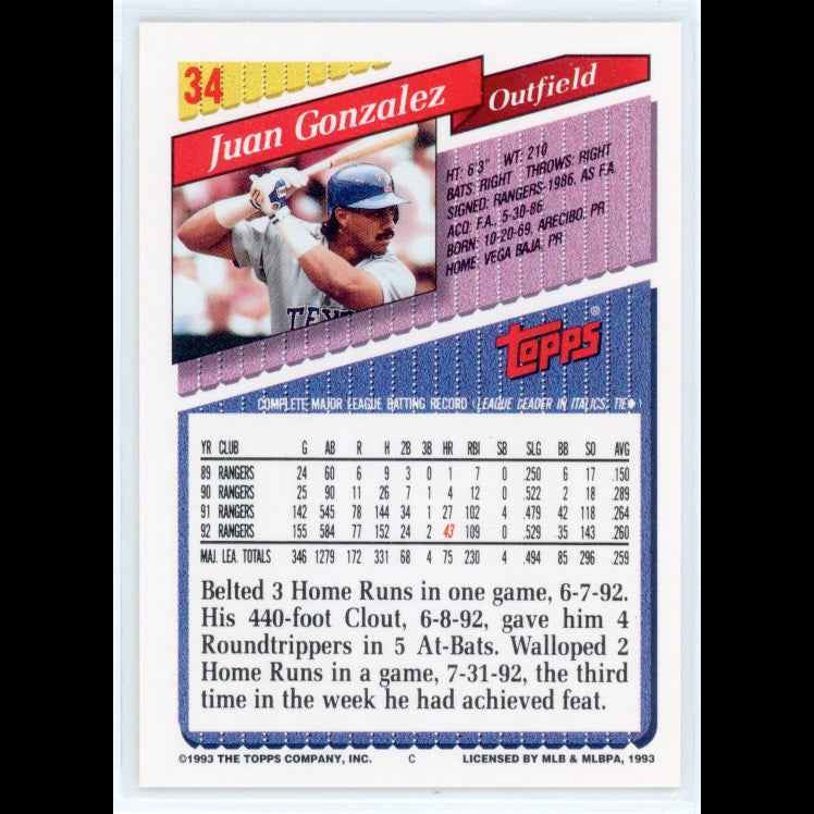 1993 Topps #34 Juan Gonzalez Card - back