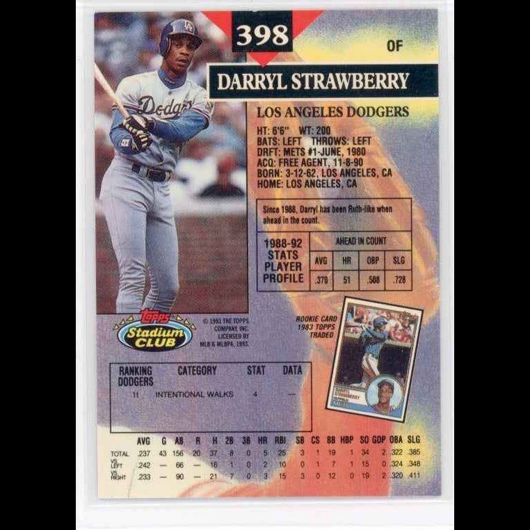 1993 Topps Stadium Club #398 Darryl Strawberry Card - back