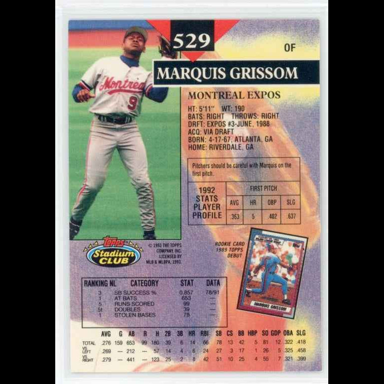 1993 Topps Stadium Club #529 Marquis Grissom Card - back
