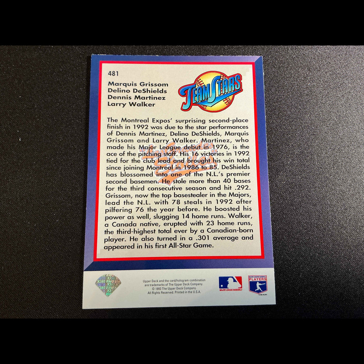 1993 Upper Deck #481 Marquis Grissom Delino DeShields Rafael Martinez Larry Walker Card - back