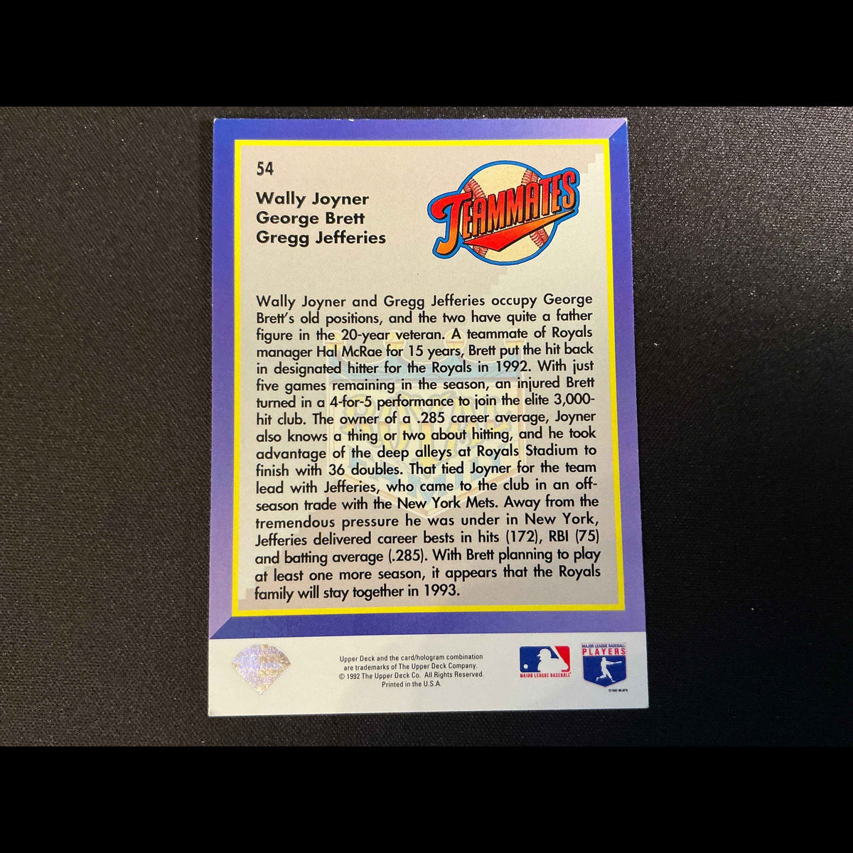 1993 Upper Deck #54 Wally Joyner Greg Jefferies George Brett Card - back