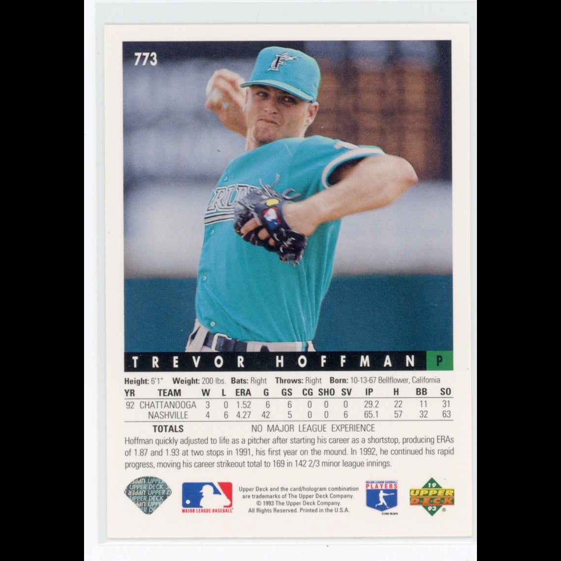 1993 Upper Deck #773 Trevor Hoffman Card - back