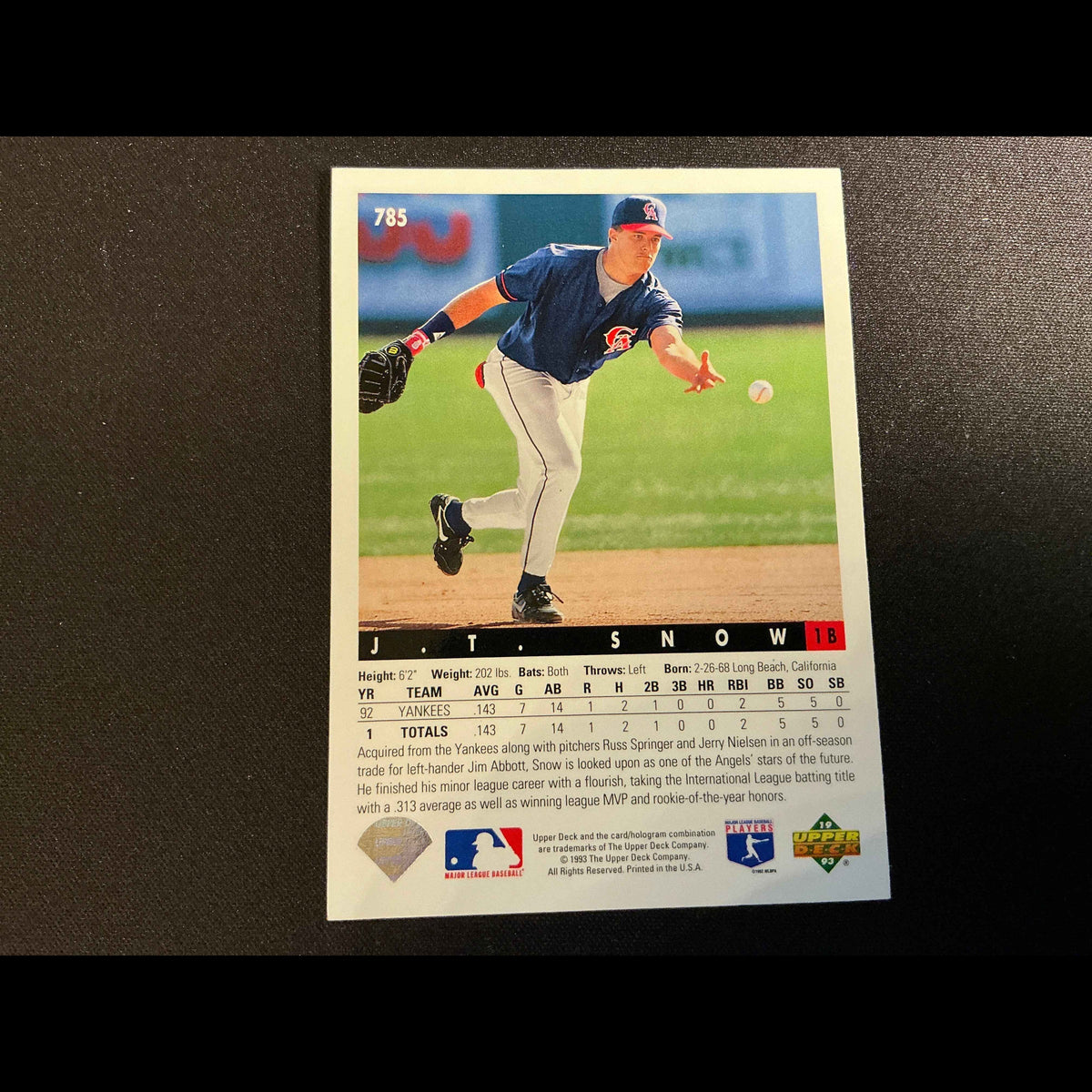 1993 Upper Deck #785 J.T.Snow Rookie (RC) Card - back