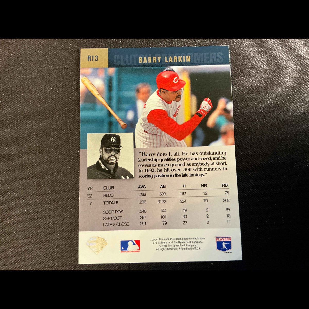 1993 Upper Deck Clutch Performers #R13 Barry Larkin Card - back
