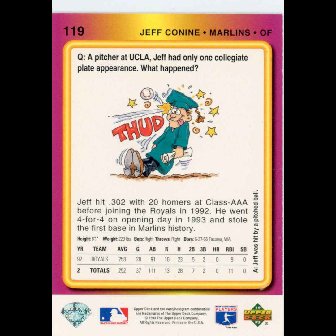 1993 Upper Deck Fun Pack #119 Jeff Conine Florida Marlins Card - back