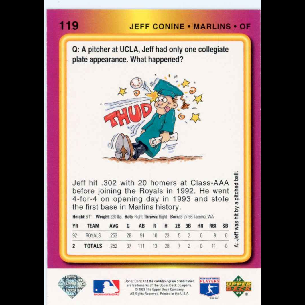 1993 Upper Deck Fun Pack #119 Jeff Conine Florida Marlins Card - view 4