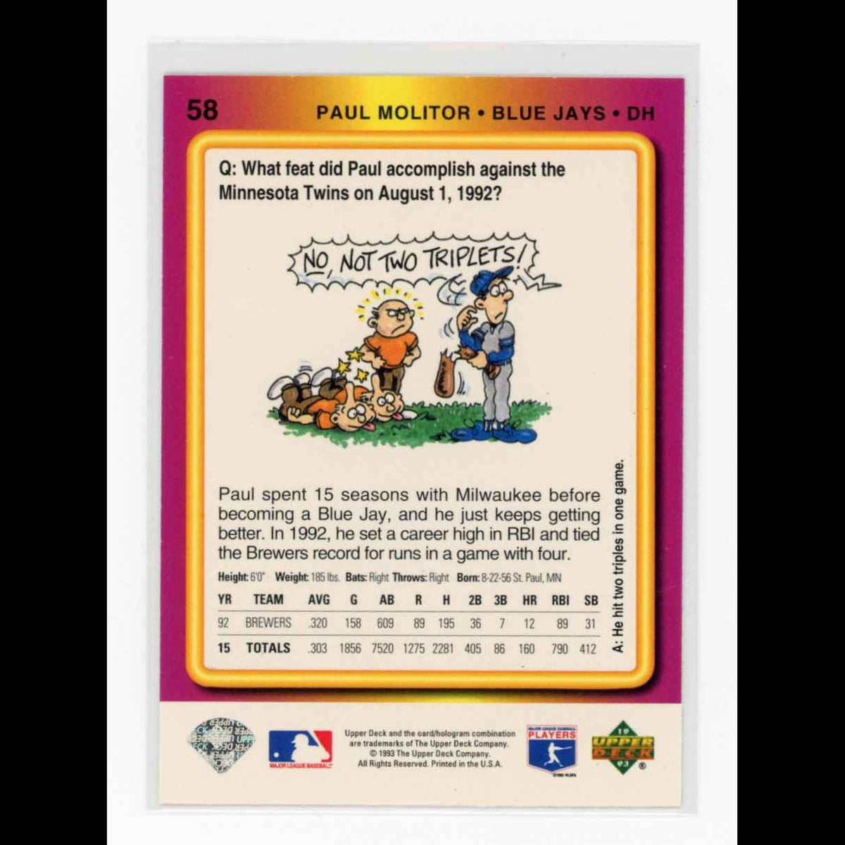 1993 Upper Deck Fun Pack #58 Paul Molitor Toronto Blue Jays Card - back