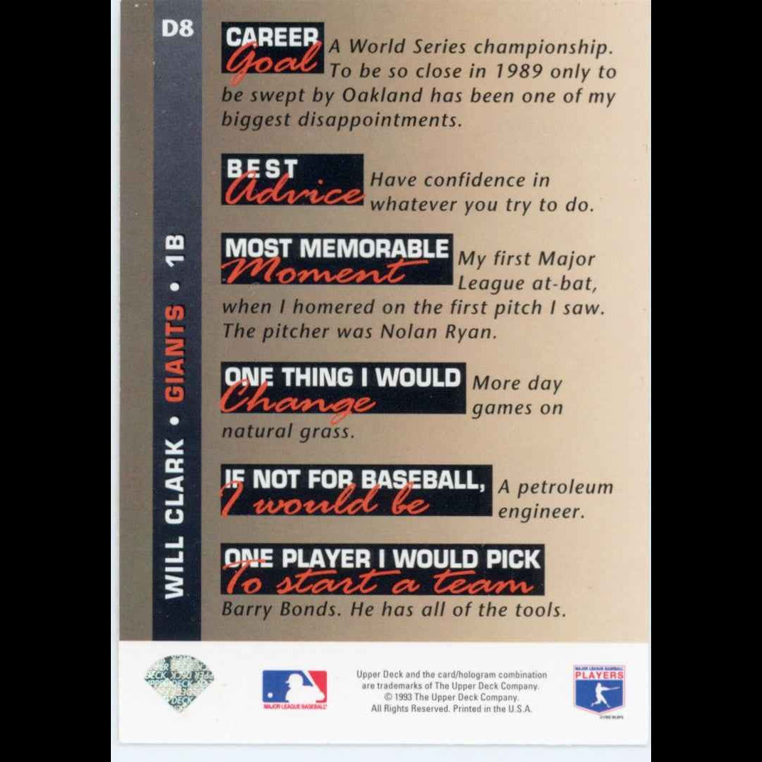 1993 Upper Deck On Deck #D8 Will Clark San Francisco Giants Card - back