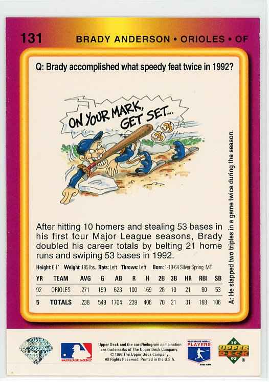 1993 Upper Deck Fun Pack #131 Brady Anderson Baltimore Orioles Card