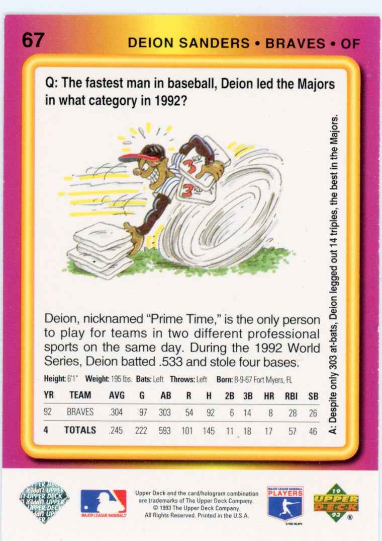 1993 Upper Deck Fun Pack #67 Deion Sanders Atlanta Braves Card