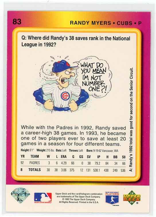 1993 Upper Deck Fun Pack #83 Randy Myers Chicago Cubs Card