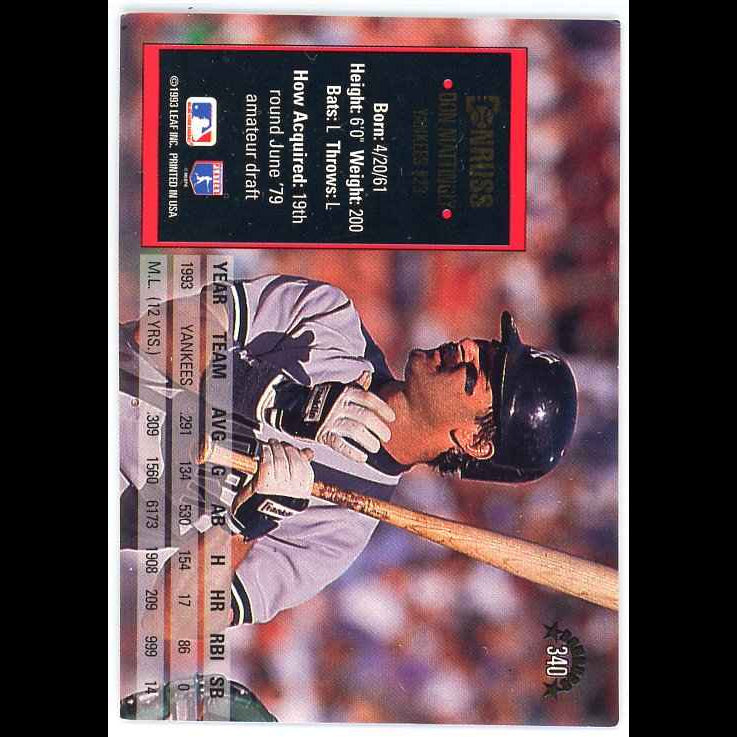 1994 Donruss #340 Don Mattingly Card - back
