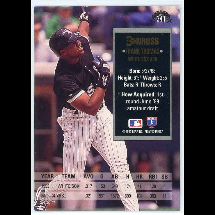 1994 Donruss #341 Frank Thomas Card - back