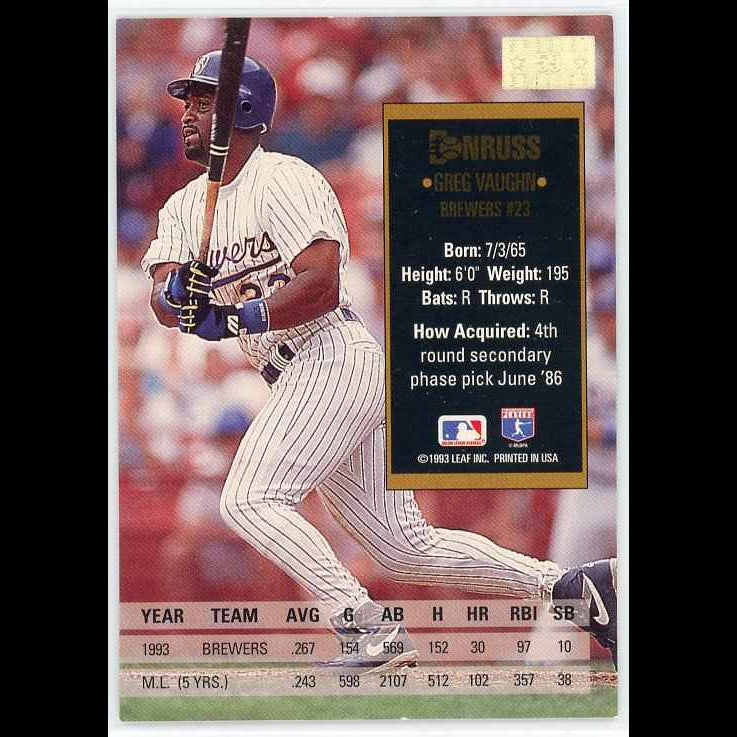 1994 Donruss #59 Greg Vaughn Special Edition Card - back
