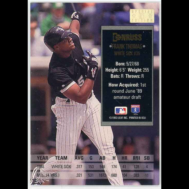 1994 Donruss #61 Frank Thomas Special Edition Card - back