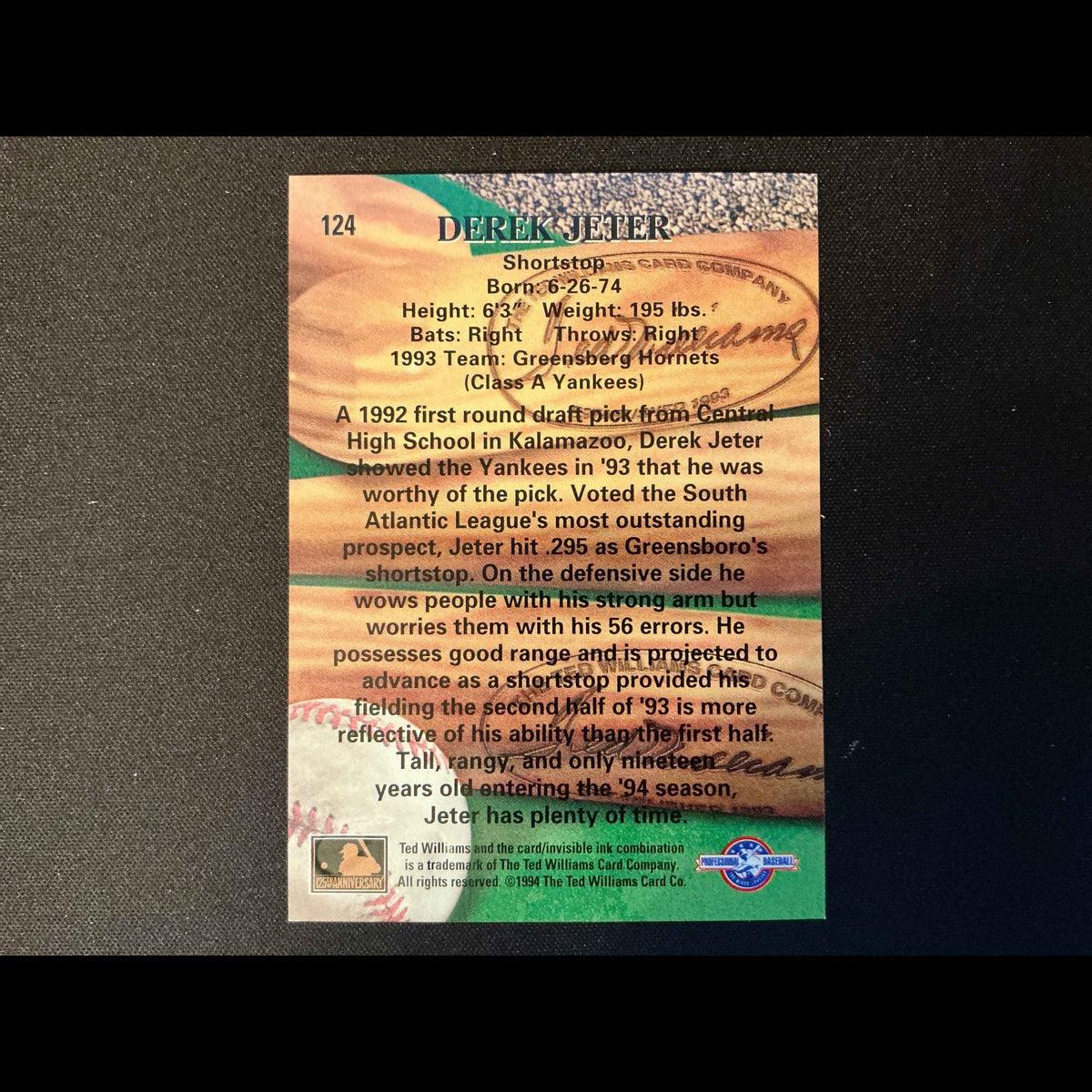 1994 Ted Williams #124 Derek Jeter Card - back