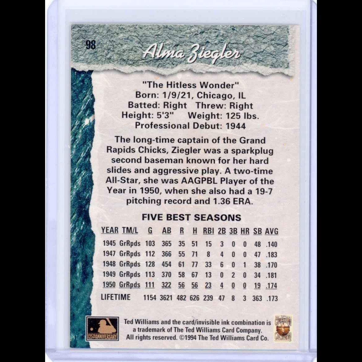 1994 Ted Williams #98 Alma Ziegler Card - back