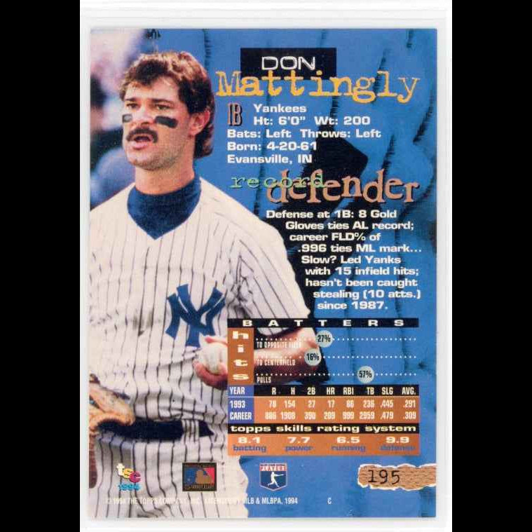 1994 Topps Stadium Club #195 Don Mattingly Card - back