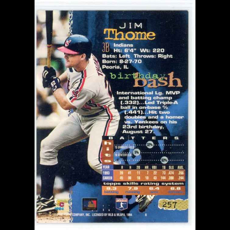 1994 Topps Stadium Club #257 Jim Thome Card - back