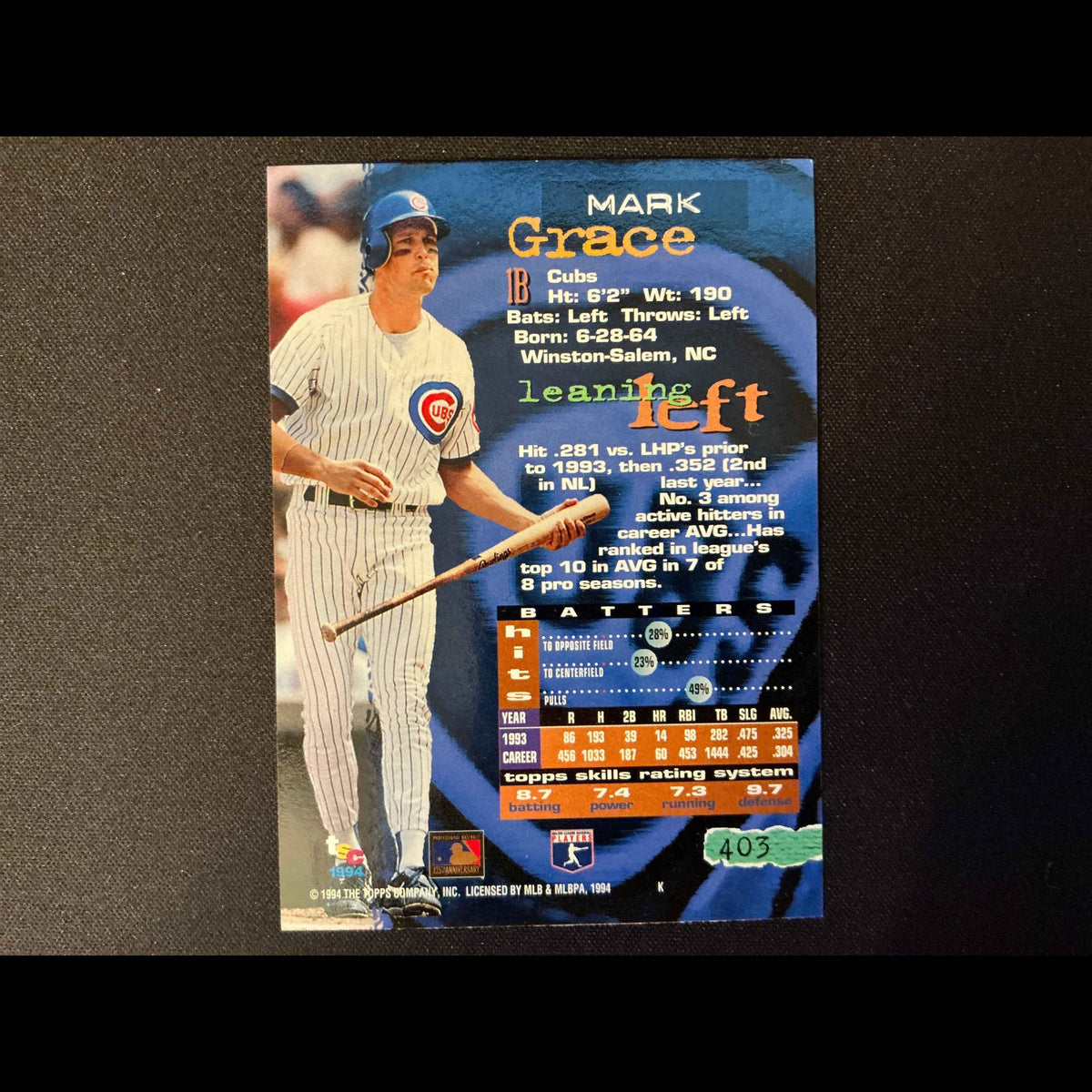 1994 Topps Stadium Club #403 Mark Grace Card - back
