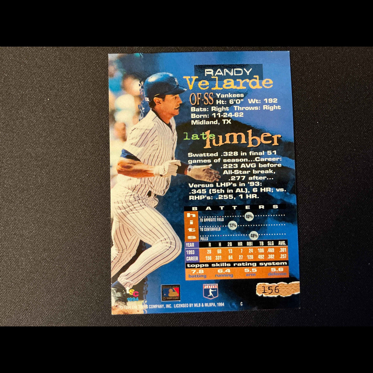 1994 Topps Stadium Club Golden Rainbow #156 Randy Velarde Card - back