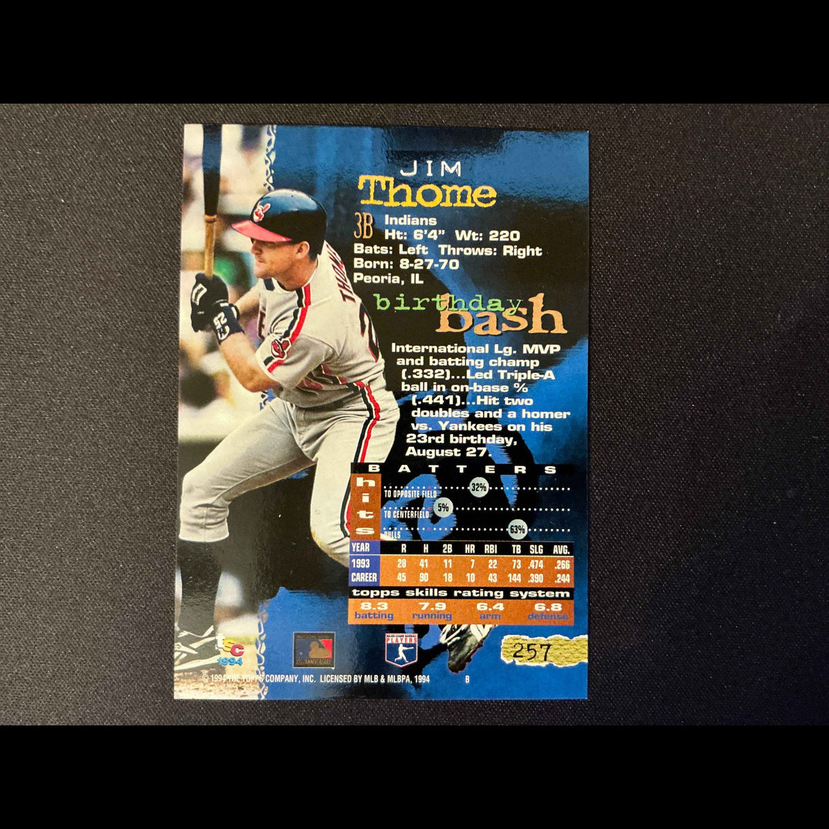 1994 Topps Stadium Club Golden Rainbow #257 Jim Thome Card - back