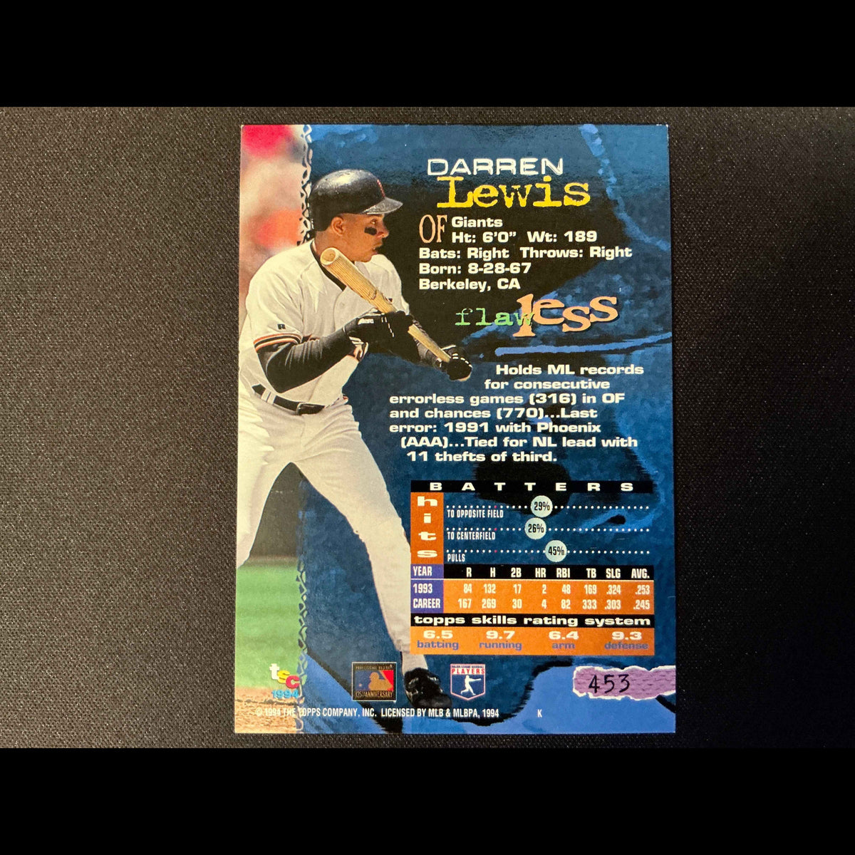 1994 Topps Stadium Club Golden Rainbows #453 Darren Lewis Card - back
