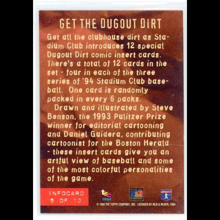 1994 Topps Stadium Club Mike Piazza #5 of 10 Dogout Dirt Info Card - back