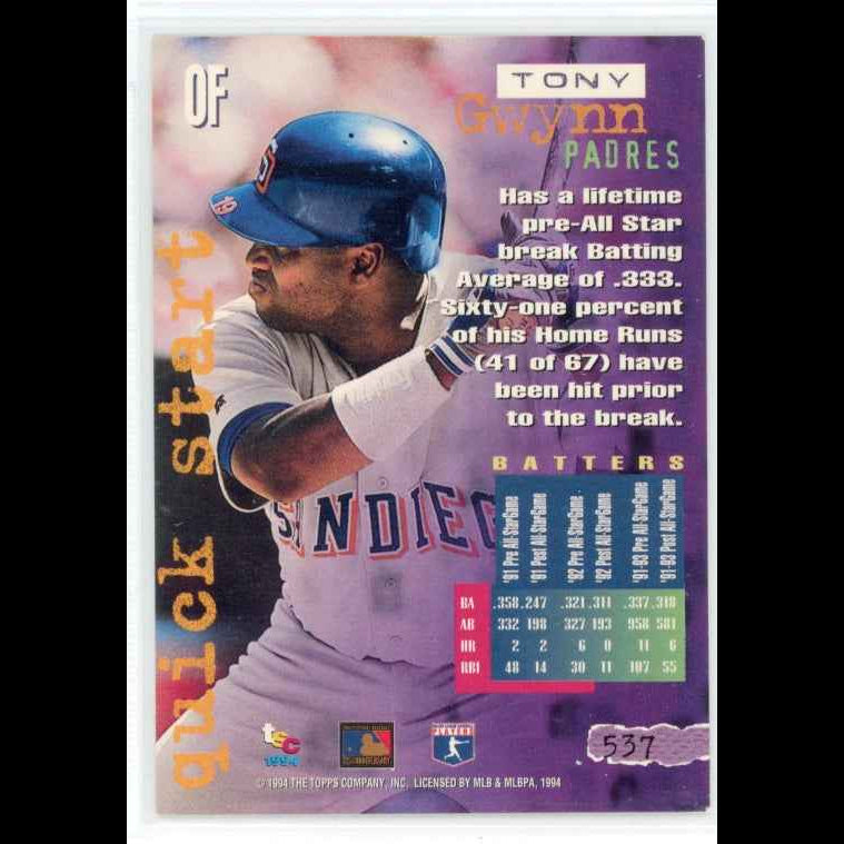 1994 Topps Stadium Club Quick Start #537 Tony Gwynn Card - back
